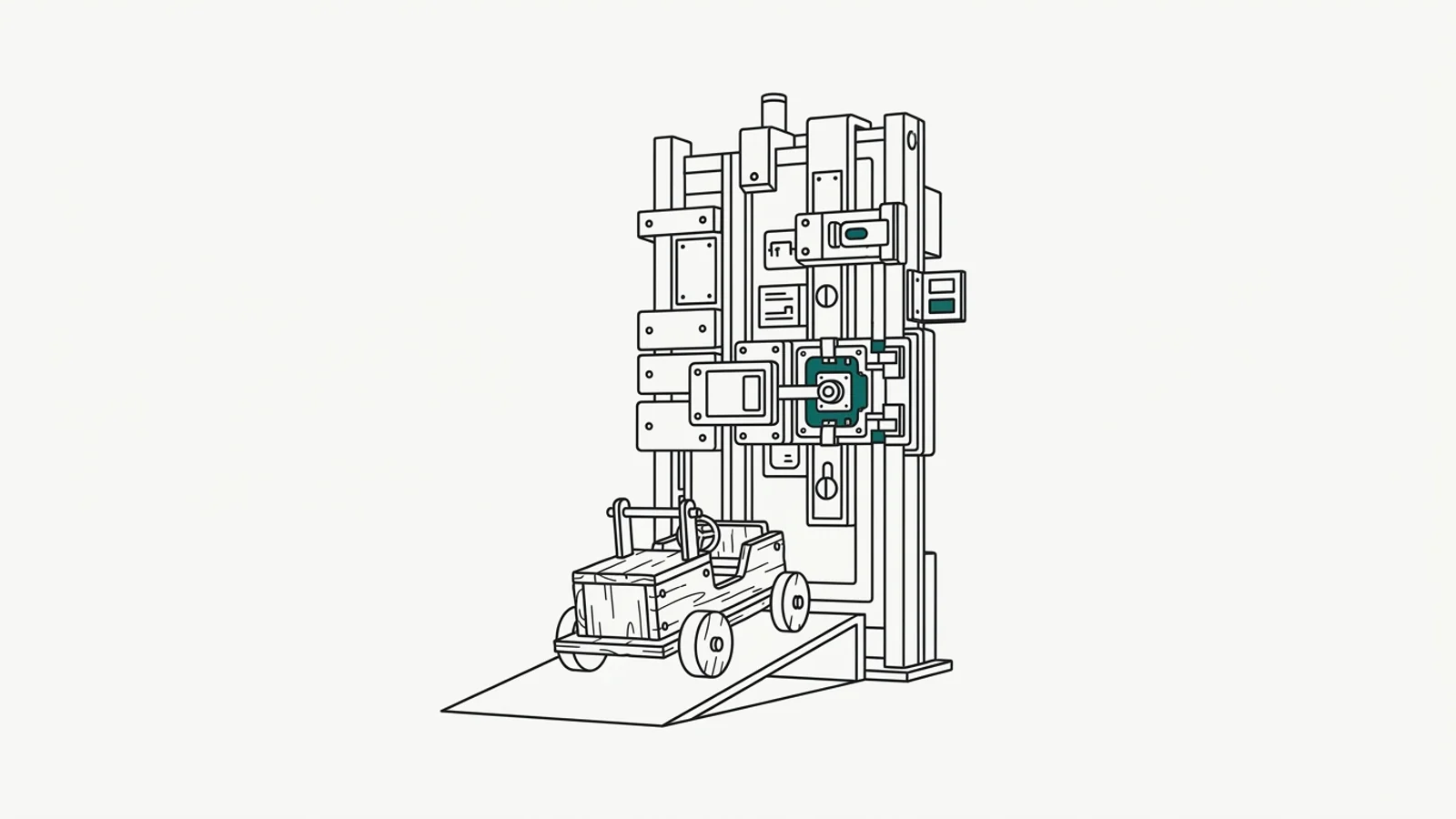 Une rampe avec un petit prototype devant un portique opérationnel lourd