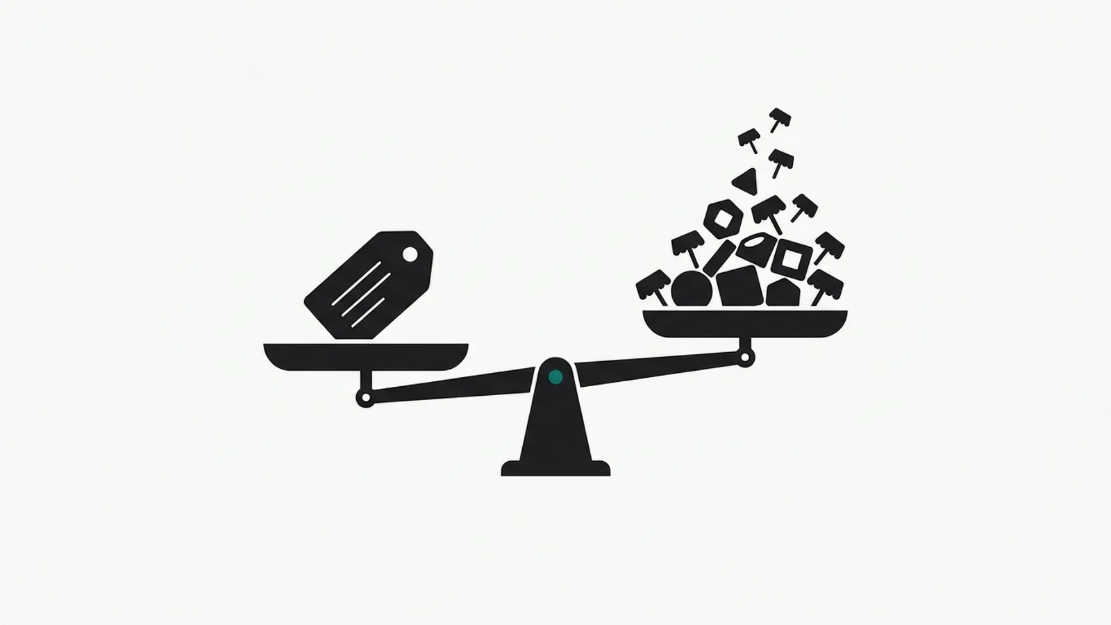 Balance éditoriale avec étiquette de prix déséquilibrée et flux de valeur